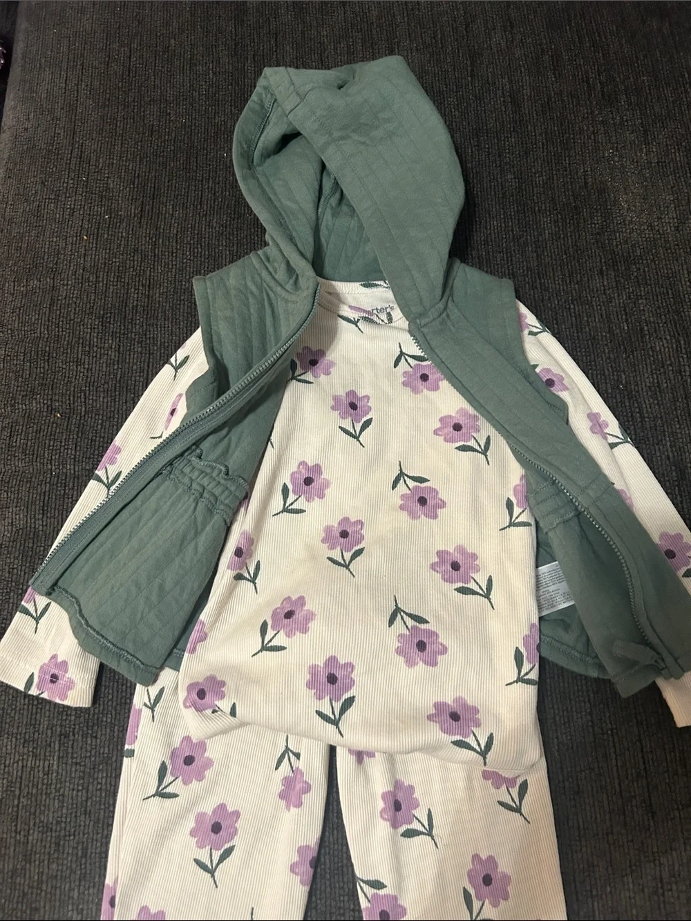 Carter's Green Quilted Hooded Vest with Cream & Lavender Floral Top and Pants